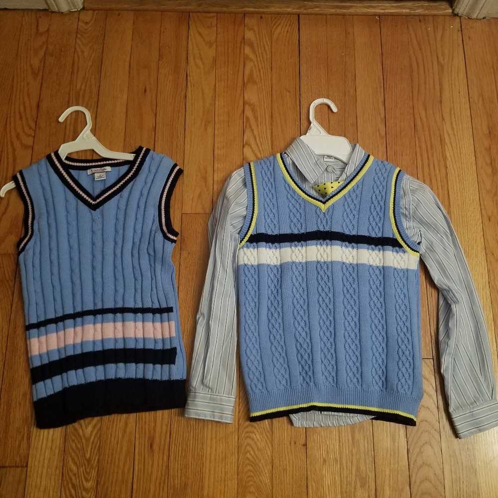 2 Sweater vests, 1 long sleeve matching shirt, tie